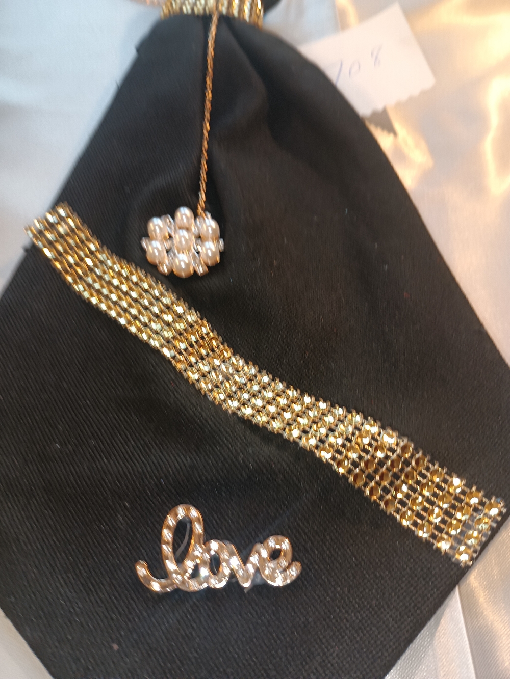 Black Denim Gold-Tone 'Love'  Necklace with Pearl Cluster Accent - Women Jewelry